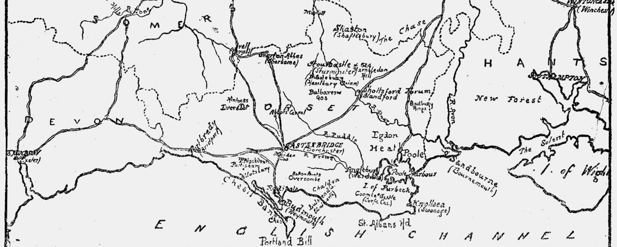 black and white map of thomas hardy's region sandbourne