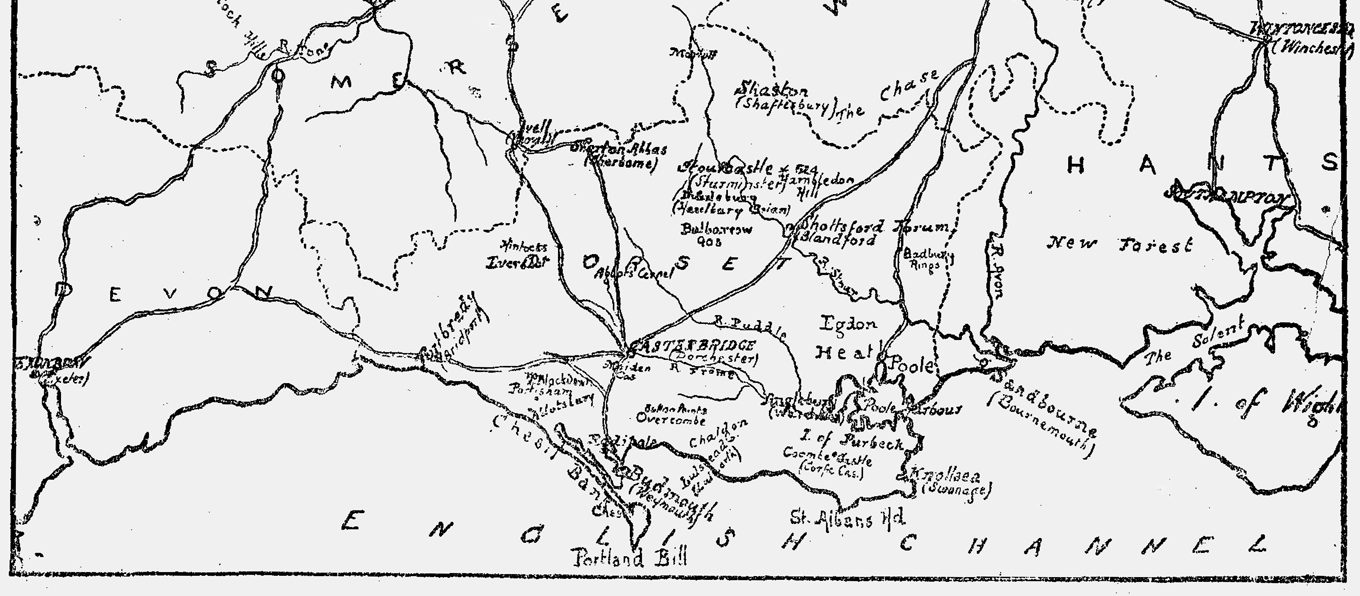 black and white map of thomas hardy's region sandbourne