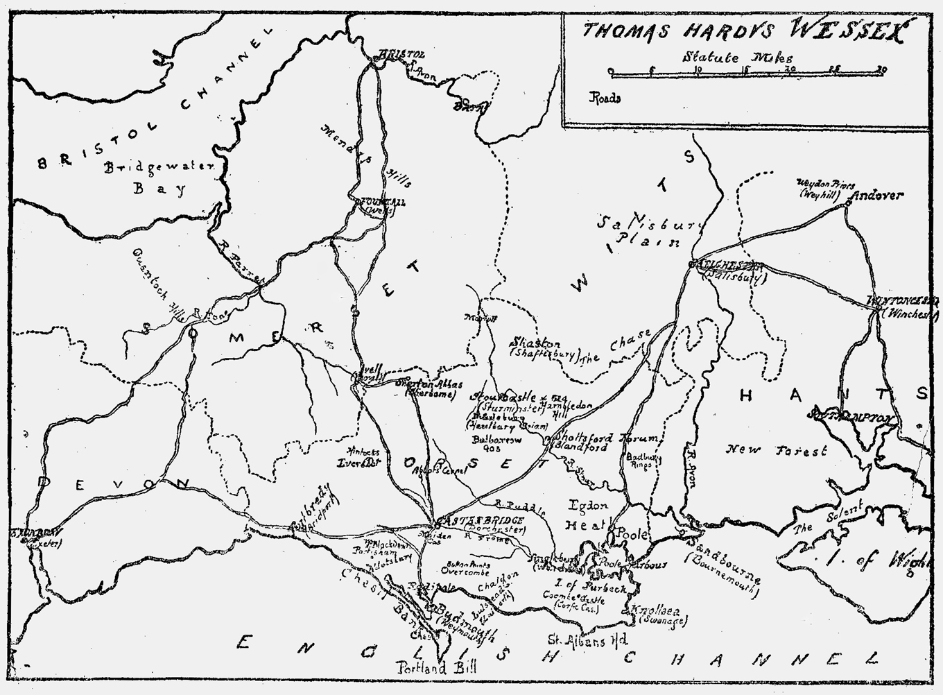black and white map of thomas hardy's region sandbourne